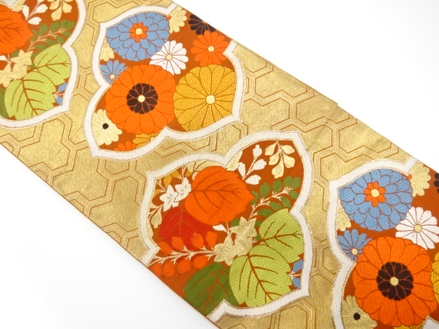 JAPANESE KIMONO / ANTIQUE FUKURO OBI / SILK / WOVEN PAULOWNIA & KIKU & BISHAMNON KIKKO